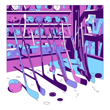 A collection of hockey sticks is displayed in a vibrant sports store. Each stick features distinct patterns and colors, showcasing their unique designs. Some sticks have traditional wood finishes, while others are made from modern composite materials. The sticks are lined up against a backdrop of neatly organized sports gear, including helmets and pucks. Bright store lights illuminate the scene, highlighting the glossy surfaces of the sticks. On the floor, there are remnants of ice skates and training equipment, adding to the athletic atmosphere.