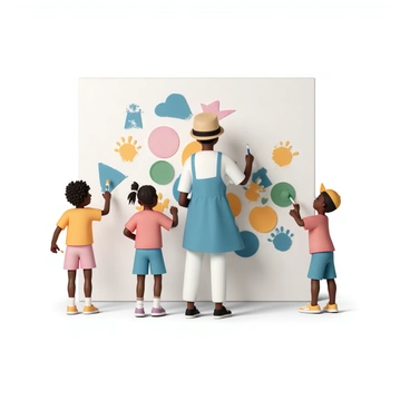 An artist, wearing a blue apron and a straw hat, stands in front of a large community wall, painting a vibrant mural filled with colorful shapes and characters. The artist is focused on the mural, using a brush to add details. Around the artist, several neighborhood kids, ranging in age from 5 to 10, are joyfully participating. One child, with curly black hair wearing a red t-shirt, is holding a small brush and adding bright green paint to a section of the mural. Another child, with straight brown hair in pigtails, is applying orange paint with her hands, leaving handprints on the wall. A third child, wearing a yellow cap and blue shorts, is eagerly watching and pointing to a part of the mural for the artist to notice. The scene conveys a sense of community and creativity, showcasing the collaboration between the artist and the children.