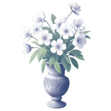A collection of delicate flowers in varying sizes and shapes, including blossoms with intricate petals and lush green leaves, is arranged inside an ancient, ornate vase. The vase features detailed carvings and patterns, showcasing craftsmanship from a bygone era. The flowers are positioned to create a balanced composition, with some blooming fully while others are just beginning to open. The setting emphasizes the elegance of both the flowers and the vase, highlighting their beauty and historical significance.