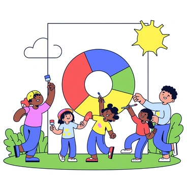A group of children is actively engaged in painting a large color wheel mural on a vertical wall. The mural features a bright circle divided into segments, displaying a variety of vivid colors like red, blue, yellow, and green. Each child holds a paintbrush and has colorful paint splatters on their clothes. The sun shines down, casting warm light over the scene, while lush green grass and trees are visible in the background. The children's faces express joy and concentration as they work together on their creative project.