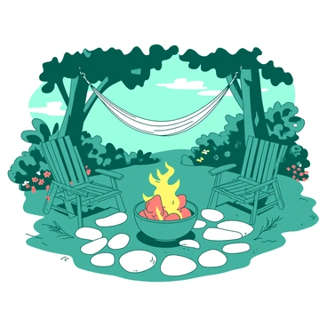 A teal fire pit is surrounded by a circle of smooth white stones in the middle of a secluded garden. Flickering flames dance above the fire pit, illuminating the surrounding greenery. Nearby, a white hammock is suspended between two sturdy trees, gently swaying in the light breeze. Lush plants and colorful flowers are scattered around, enhancing the serene atmosphere of the garden. A few wooden chairs, painted in teal, are placed invitingly around the fire pit.