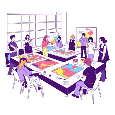 A white conference hall is filled with various artists showcasing their illustrations. The artists are engaged in animated discussions, some pointing at their colorful artwork while others are listening attentively. There are large tables covered in vibrant illustrations, with a variety of styles represented. The space is bright and airy, with large windows allowing natural light to flood in, highlighting the details of the illustrations. Various chairs are scattered around, with attendees seated and watching demonstrations of techniques being shared by some of the artists.