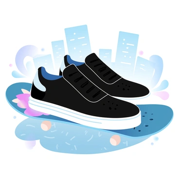 A pair of fashionable leather sneakers placed on a skateboard in an urban setting.