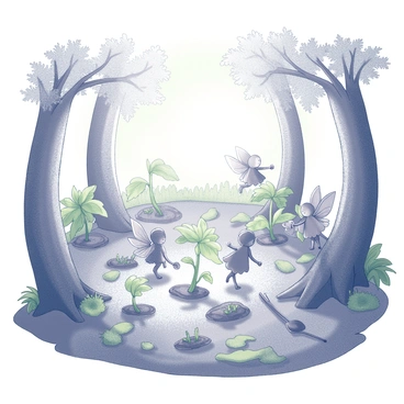 A grove filled with lush greenery and delicate, newly sprouted plants. Tiny fairies are scattered throughout the scene, busy tending to the young vegetation. Each fairy has intricately designed wings that shimmer as they flit between the plants. The fairies are using miniature tools, such as tiny watering cans and small spades, to nurture the saplings. The ground is textured with soft moss and scattered leaves, creating a natural carpet beneath them. Sunlight filters gently through the tree canopy above, creating a dappled effect on the forest floor.