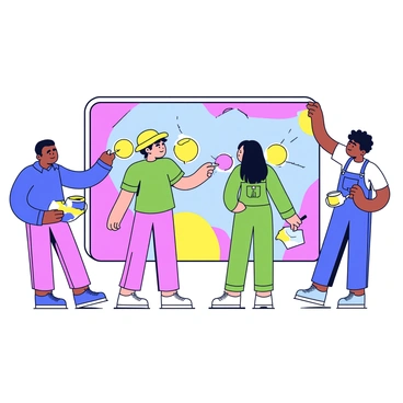 A group of four artists is collaborating on a large mural. Each artist is positioned at a different section of the mural, with vibrant colors and various designs already painted on the wall. One artist with a blue shirt passes a paintbrush to another artist with a green shirt, who is ready to add their own artwork. The third artist, wearing a yellow hat, watches intently, while the fourth artist, dressed in overalls, prepares their area with paint containers and rags. The scene conveys a sense of teamwork and creativity, with paint splatters on the ground beneath them.