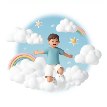A young child, wearing a light blue t-shirt and white shorts, is floating happily through a vivid landscape filled with fluffy white clouds. The child has short brown hair, and their arms are extended as they glide effortlessly. Colorful rainbows arc across the sky, blending with the soft, bright clouds in the background. Sunlight filters through the clouds, creating a gentle glow around the child. The scene is full of vibrant colors, with shades of blue, pink, and yellow enhancing the whimsical atmosphere.