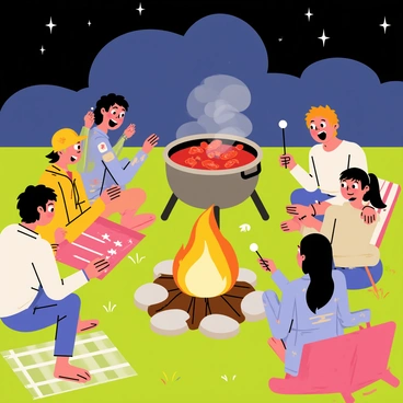 A cozy bonfire setting with a circle of friends gathered around the warm flames. The fire is crackling, casting a soft glow on their faces. In the background, there is a large pot of crawfish boiling over the fire, with steam rising from it. The grassy ground is dotted with colorful blankets and camp chairs. Some friends are roasting marshmallows on sticks, while others are laughing and chatting, creating an atmosphere of warmth and camaraderie. The night sky is filled with twinkling stars above.