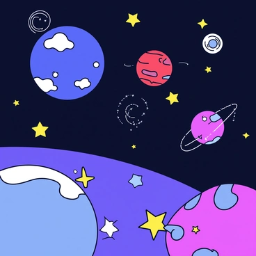 A vibrant cosmic scene with planets, stars, and swirling galaxies in the background.