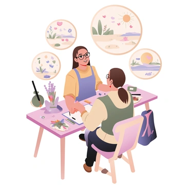 A digital flat illustration depicting an artist sitting at a drawing table. The artist is a woman with light skin and long brown hair, wearing a colorful smock and glasses. She is focused on creating sketches inspired by the four seasons. Surrounding her are four large circular illustrations representing each season: spring, summer, autumn, and winter. The spring illustration features blooming flowers and green leaves. The summer illustration includes a bright sun and beach elements. The autumn illustration showcases colorful falling leaves. The winter illustration displays snowflakes and bare trees. Nature motifs, such as birds, butterflies, and small animals, are scattered around the artist, adding life to the scene.