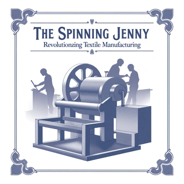 A vintage advertisement poster showcasing the "spinning jenny" as a revolutionary invention. The poster features a prominent illustration of the spinning jenny machine, displaying its intricate design with multiple spindles in operation. In the background, there are silhouettes of workers skillfully operating the machine, emphasizing its impact on textile production. The title "The Spinning Jenny: Revolutionizing Textile Manufacturing" is boldly displayed at the top. Decorative elements such as ornate borders and vintage typography frame the composition, enhancing the historical feel of the advertisement. The overall layout is balanced, directing attention to the machinery and its significance in the industrial era.