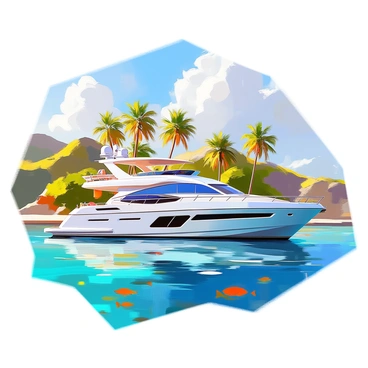 A luxury yacht is anchored in a secluded tropical bay, showcasing its sleek design and polished surface. The yacht is white with large windows reflecting the sunlight, and it features a spacious deck with lounge chairs and an umbrella. The bay is surrounded by lush green hills and palm trees swaying gently in the breeze. The crystal-clear waters are a vibrant turquoise, revealing coral reefs and colorful fish beneath the surface. The sky is clear with a few fluffy white clouds, creating a perfect backdrop for this tranquil scene.