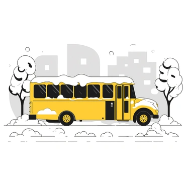 A bus with a white exterior is parked on a street, completely covered in a thick layer of snow. Snowflakes are gently falling from the gray sky, adding to the accumulation on the bus. The scene includes snow-laden trees lining the street, their branches bending slightly under the weight of the snow. Piles of snow are visible along the sides of the road, creating a wintery atmosphere. In the background, distant buildings are silhouetted against the white backdrop, and a few tire tracks are visible in the snow on the road.