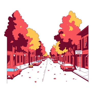 A city street is lined with trees displaying vibrant autumn colors, showcasing shades of red and orange. The ground is covered with fallen leaves, creating a colorful carpet. Along the street, there are quaint brick buildings with warm-toned facades. Parked cars are scattered along the sides, and people can be seen walking along the sidewalk, enjoying the crisp air. The sky above is clear, allowing the sunlight to illuminate the foliage.