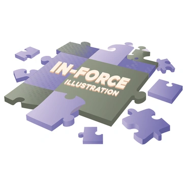 A digital flat illustration featuring a puzzle that has several pieces fitting together. The puzzle pieces are in various shades of blue and green, with some pieces displaying intricate patterns. The completed portion of the puzzle prominently showcases the words "In-Force Illustration" in large, bold letters at the center, with the letters in a contrasting color such as white. The background is a simple light color that enhances the visibility of the puzzle. Some individual puzzle pieces are slightly lifted from the surface, indicating the process of assembly, while a few additional loose pieces are scattered around the edges of the image.