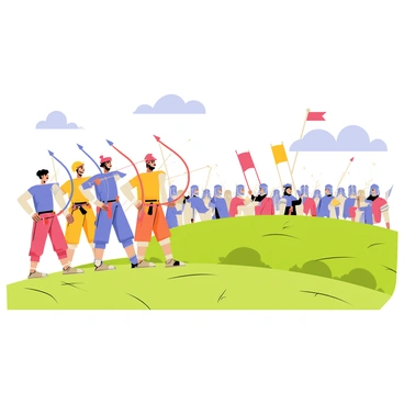 A historical battlefield scene with archers releasing arrows in unison