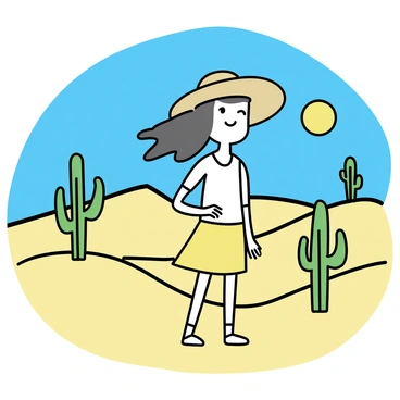 A cartoon girl wearing a large sunhat, with her hair flowing in the breeze. She is standing in a vast desert landscape filled with golden sand dunes. Surrounding her are several tall green cacti, standing upright against the bright blue sky. The girl is looking around with an expression of curiosity, taking in the unique desert scenery. The sun is shining brightly, casting distinct shadows on the sand.