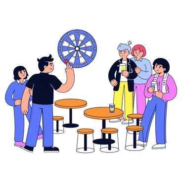 A darts player stands focused, holding a dart in their right hand, aiming towards a dartboard on the wall. The dartboard features clear segments with vivid colors, prominently showing the bullseye at the center. The player wears a black shirt and has a determined expression. Surrounding them are wooden pub tables and bar stools, creating a lively atmosphere. In the background, other patrons watch closely, some with drinks in hand, emphasizing the competitive spirit.