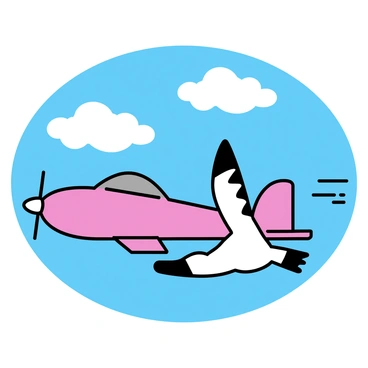 A "cigogne" with white feathers and black wingtips is flying alongside a small airplane. The airplane is painted in bright red and has a streamlined shape. Above them, the sky is clear and blue, with a few fluffy white clouds scattered. Sunlight creates vibrant highlights on the airplane's surface and the cigogne's wings as they soar together in flight.