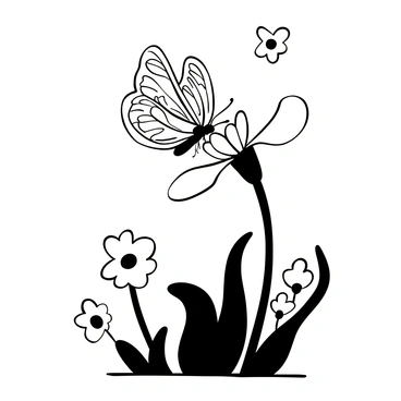 A butterfly with intricate wing patterns is landing on a delicate flower with multiple petals. The flower stands tall with soft, rounded edges and a central structure, reaching towards the sky. The butterfly extends its proboscis towards the flower as it prepares to sip nectar. Nearby, several other flowers are scattered around, creating a sense of a vibrant garden scene. Tiny details like the veins on the butterfly's wings and the texture of the flower's petals are visible.
