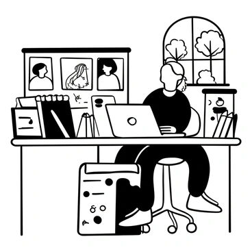 A tutor sitting at a desk with a laptop open, demonstrating techniques while surrounded by art supplies such as sketchbooks and pencils. The laptop screen shows various students' artworks displayed in separate windows, showcasing different styles and subjects. A notepad with notes and sketches sits alongside the laptop, and a window behind the tutor reveals a glimpse of trees outside.