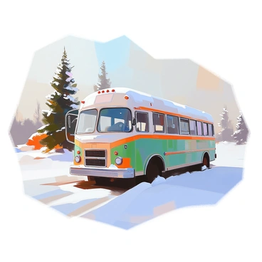 An old, weathered bus, painted in faded green, is making its way through a snowy landscape. The bus is adorned with small patches of rust and has a few windows frosted over. Snowflakes are gently falling, creating a soft, white blanket on the ground and dusting the roof of the bus. The background features tall, snow-covered pine trees standing majestically against the winter sky. The scene captures the peacefulness of a winter day, with a few small hills in the distance hinting at the depth of the landscape.