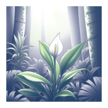 A peace lily with broad, glossy green leaves and a prominent white flower is positioned in the center of a rainforest environment. The surrounding foliage includes various tropical plants with large leaves, creating a dense and vibrant atmosphere. Water droplets can be seen on the leaves, indicating humidity in the air. Mist hovers above the ground, adding a soft, diffused effect to the scene. Sunlight filters through the canopy of tall trees, casting gentle shadows on the forest floor, enhancing the richness of the greenery.