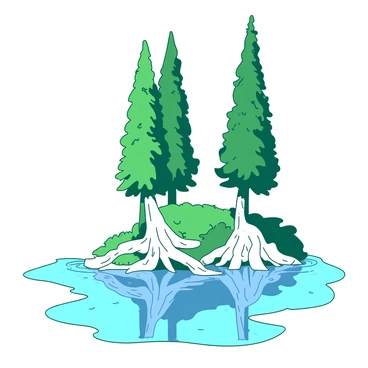 A group of tall cypress trees stands gracefully with their thick trunks rising from the water's surface. The trees have wide, gnarled roots that are partially submerged, creating natural shapes and patterns in the water. The surface is rippling gently around the bases of the trees, reflecting their tall silhouettes. The cypress trees have vibrant green foliage that contrasts against the serene water below. The scene evokes a sense of tranquility in nature.