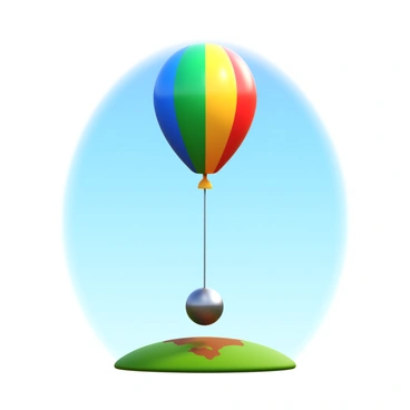A balloon being released and ascending, contrasting with a heavy object dropping to the ground.