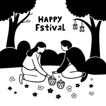 An Indian girl wearing a traditional outfit is kneeling on the ground, carefully lighting lanterns. The lanterns are beautifully shaped and are arranged in a line, emitting a soft glow. Surrounding her are scattered flower petals, adding to the festive atmosphere. In the background, silhouettes of trees can be seen, and a few more lanterns are hanging from the branches, creating a warm, inviting scene. The ground is adorned with intricate patterns made from colored powders, enhancing the cultural significance of the nighttime festival. The words "Happy Festival" are displayed above the girl, adding to the celebratory mood.