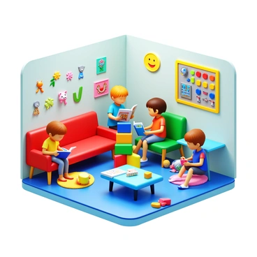 A waiting room filled with colorful furniture and decor, showcasing bright, playful colors. Several children are engaged in different activities; one child is building with large, multicolored blocks, while another is sitting on a soft, plush rug, reading a picture book with vivid illustrations. A third child is interacting with a wall-mounted activity panel featuring buttons and levers. There are cheerful wall decals of cartoon animals and plants enhancing the atmosphere. A few stuffed toys are scattered around, inviting the children to play. A small table with crayons and coloring sheets is also present.