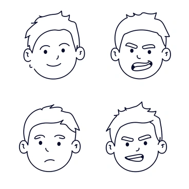 A series of sketches displaying a man's face in various emotional states. The first sketch depicts a smiling face with bright eyes and raised eyebrows. The second sketch shows a frowning face with a furrowed brow and downturned mouth. The third sketch illustrates a surprised expression with wide eyes and an open mouth. The fourth sketch features an angry face with clenched teeth and flared nostrils. Each sketch is outlined simply, showcasing the distinct expressions clearly.