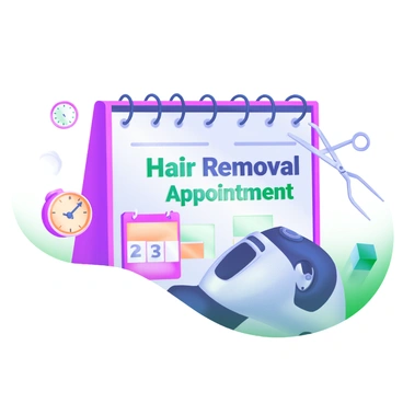 A digital notification displaying the words "Laser Hair Removal Appointment" in clear, bold letters. The background features a soft pastel color palette, with an illustrated calendar icon showing the date of the appointment. Accompanying the notification are small graphics such as a clock, a pair of scissors, and a laser device, arranged neatly around the text.