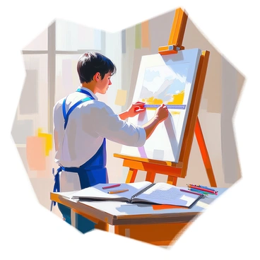 A student with medium skin tone and short black hair is measuring and scaling a drawing on an easel. The student is wearing a blue apron over a white shirt, focused on the task at hand. A tape measure is in their right hand as they carefully compare the dimensions of the drawing. The easel is wooden, holding a large canvas with a detailed sketch of a landscape. Nearby, a selection of colored pencils and an open sketchbook are placed on a table, suggesting an active creative environment. Natural light streams in from a window, illuminating the scene.