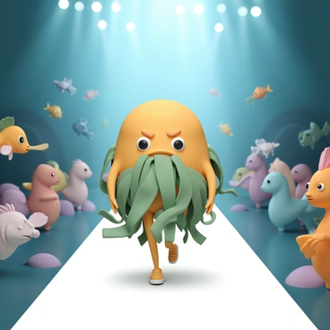 A blobfish, with its distinctive bulbous body and sad expression, confidently strutting down a runway. The blobfish is adorned in a vibrant seaweed outfit that features flowing green strands, intricately styled to resemble a high-fashion garment. The runway is surrounded by an audience of various sea creatures, including colorful fish and elegant seahorses, all watching intently. Bright underwater lighting enhances the scene, creating a festive atmosphere for this unique aquatic fashion show.