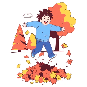 A child with a wild, shaggy haircut playing in autumn leaves