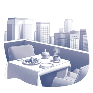 A rooftop breakfast setting is depicted with a table elegantly set for a morning meal. The table is adorned with a white tablecloth and features a variety of breakfast items including a plate of freshly made croissants, a bowl of mixed fruits, and a steaming cup of coffee. Surrounding the table, comfortable seating provides a relaxed atmosphere. In the background, the city skyline is visible, showcasing a mix of tall buildings reaching towards the sky. Prominently featured to one side is the storefront of Tiffany's, characterized by its recognizable entrance and display windows elegantly showcasing jewelry. The overall scene conveys a sense of urban luxury and enjoyment of a tranquil morning.