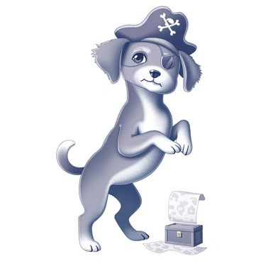 A dackel stands on its hind legs, dressed as a pirate. It wears a tiny black pirate hat that sits jauntily on its head. Over one eye, there is a small eye patch, adding to its adventurous appearance. The dog has a confident stance, with its tail raised and a playful expression on its face. The background features hints of a treasure map and a small wooden chest, suggesting a pirate theme.