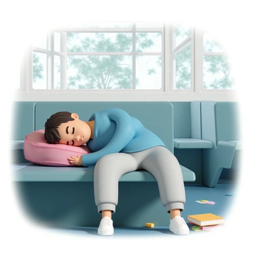 A young student, wearing a blue hoodie and gray sweatpants, is napping peacefully on a school bus seat. Their backpack, in bright red, is used as a pillow under their head, providing comfort. The student's face is relaxed, with soft light illuminating their features. The bus interior features several empty seats and large windows showing a blurred view of trees passing by outside, creating a sense of motion. A few scattered school supplies are on the floor near the student's feet.