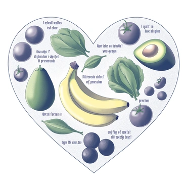 A heart-shaped collage featuring an assortment of healthy foods arranged within the heart's outline. The collage includes items such as a vibrant green avocado, a bunch of yellow bananas, fresh leafy greens like spinach, juicy tomatoes, and colorful berries. Each food item is clearly labeled with text describing its health benefits, such as "rich in healthy fats," "excellent source of potassium," "high in antioxidants," and "great for digestion." The overall composition is balanced, highlighting the diversity of healthy options.