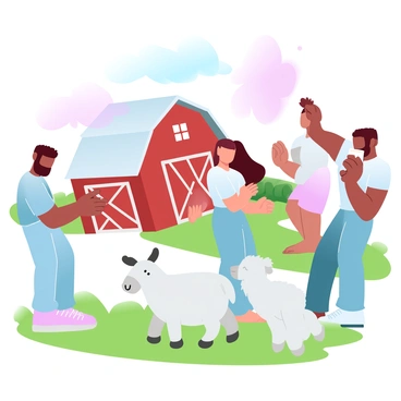 A group of four friends is interacting with farm animals, including a goat and a sheep. One friend is gently holding out some feed to the goat while another is petting the sheep. In the background, there is a rustic red barn with white trim, creating a charming atmosphere. Another friend is taking pictures with a camera, capturing the joyful moments. The sun is shining brightly, and the vibrant green grass complements the scene. The friends are wearing casual, colorful clothing suitable for a day on the farm.