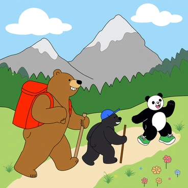 Three cartoon bears are happily hiking through a lush mountainous landscape. The first bear is a large brown bear wearing a bright red backpack, with a wide grin on its face. The second bear is a smaller black bear, sporting a blue cap turned backward and holding a walking stick. The third bear is a playful panda bear, wearing green sneakers and waving one paw excitedly. The mountains in the background are tall and rocky, with patches of green trees and colorful wildflowers scattered along the hiking trail. The sky above is clear and blue, filled with fluffy white clouds.