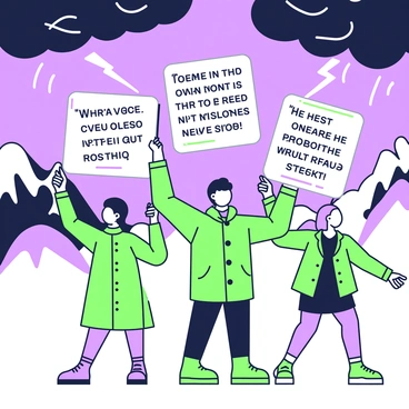 A group of five people is marching together, each holding a banner high above their heads. The first person on the left is wearing a green raincoat, and the second person has purple hair, both looking determined as they face the elements. The landscape around them is rugged and stormy, with dark clouds swirling in the sky. In the background, jagged cliffs rise steeply, partially obscured by the heavy rain. The banners they carry display bold text in quotes, flapping fiercely in the wind. A distant flash of lightning illuminates the scene, highlighting their resolute expressions as they continue their march.