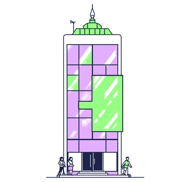 A tall skyscraper rises against the sky, its facade featuring distinct sections that represent the numerator and denominator of an improper fraction. The lower part, which represents the numerator, is wider and occupies three floors, while the upper part, symbolizing the denominator, occupies only two floors, creating a visual imbalance. Large windows are evenly spaced across the floors, reflecting the surrounding cityscape. A series of antennas and satellite dishes are installed on the rooftop, completing the architectural structure. The building's entrance is framed by sleek glass doors, with a few people walking in and out.