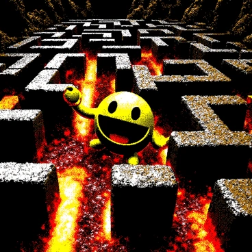 A yellow, circular character with a wide mouth resembling "Pac-Man" is navigating through a complex maze. The walls of the maze are formed by dark volcanic rock. Fiery pathways filled with bright, flowing "lava" crisscross through the maze, casting intense shadows. The environment is filled with "flames" and "smoke" rising from the lava, adding to the chaotic atmosphere of the scene.