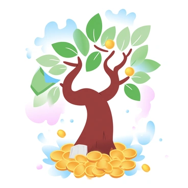 A whimsical tree with a thick trunk and vibrant green leaves is growing out of a large pile of shiny gold coins and colorful dollar bills. The tree has twisting branches that extend outward, creating a sense of abundance. The coins have a reflective surface, catching light from different angles, and the dollar bills are slightly crumpled, adding texture to the scene. The background features a soft gradient of pastel colors, enhancing the feeling of prosperity. Surrounding the tree are scattered coins, further emphasizing the theme of financial growth.