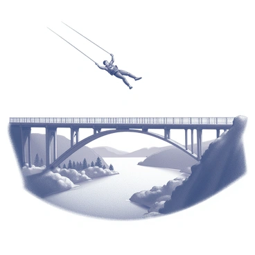 A bungee jumper is suspended mid-air, diving off a high bridge. The jumper is wearing a harness and safety gear, with their arms extended and a look of exhilaration on their face. Below the bridge, a river flows calmly, winding through a lush landscape. The banks of the river are lined with trees and rocky outcrops, creating a natural frame for the scene. The sky above is clear, enhancing the sense of height and adventure. The bridge is made of sturdy steel, with visible support beams and a textured surface.