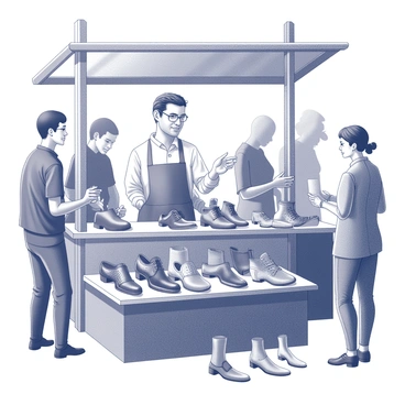 A shoemaker stands behind a market stall filled with an assortment of exquisite shoes. The stall is adorned with various styles, including elegant dress shoes, sturdy boots, and delicate sandals, all meticulously crafted. The shoemaker, a middle-aged man with a focused expression, displays his craftsmanship with pride. He gestures towards a pair of shoes, showcasing their intricate stitching and polished surfaces. Surrounding him, lively market-goers browse the selection, some stopping to ask questions while others inspect the footwear closely. The atmosphere is filled with the sounds of conversation and the vibrant activity of the bustling market.