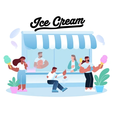 A charming ice cream shop with a vibrant storefront featuring large glass windows and a striped awning. Several customers are outside, holding colorful ice cream cones in various flavors like mint green, bright pink, and sunny yellow. Children are laughing as they lick their cones, while an adult sits at a small table with a cone of blue ice cream. The warm sun casts soft shadows on the ground, and a few potted plants are placed near the entrance, adding a touch of greenery. A large sign above the shop reads "Ice Cream" in playful lettering.