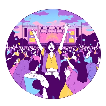 A vibrant festival scene unfolds with a diverse group of people in the crowd, all dressed in colorful festival attire. In the center, a person is being joyfully steered toward the main stage by the enthusiastic crowd. Their arms are raised in excitement, and they have a wide smile on their face. Around them, other festival-goers are clapping and dancing, some waving flags and banners. The main stage is adorned with bright lights and large speakers, creating a lively atmosphere filled with anticipation. The sky overhead is a stunning gradient of colors, enhancing the festive vibe.