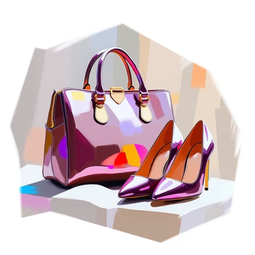 A close-up illustration featuring a stylish handbag made of soft leather in a rich burgundy color. The handbag has elegant gold embellishments and a sturdy handle. Beside it, there is a pair of matching high-heeled shoes crafted from the same burgundy leather. The shoes have a sleek design with pointed toes and intricate stitching details. The background is softly blurred to emphasize the luxurious textures and colors of the handbag and shoes.